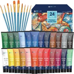 Acrylic Paint Set 24 Colors Craft Paints in Tubes with 10 Art Brushes Rich Pigment for Artists Beginners Kids Painting on Canvas Wood Fabric Crafts, 36ml/Tube
