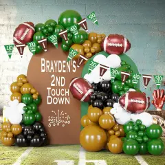 128Pcs Football Party Balloon Arch Garland Kit: Dark Green, Brown, White & Black Balloons with Football Foil Balloon and Banner for Super Bowl Party, Game Celebrations & Sports Themed Events