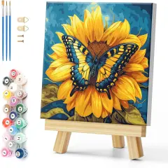 Framed Paint by Numbers on Canvas Flowers Acrylic Paint by Numbers Kits for Adults Beginner Butterfly on Sunflower Pictures Painting Kits Ideal Gift Home Wall Decor 12x12 Inch