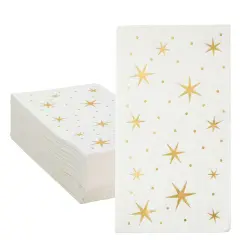 50 Pack Gold and White Dinner Napkins with Stars, Decorative Disposable Gold Foil for Baby Shower, Birthday, Holidays (3-Ply, 4 x 8 In)