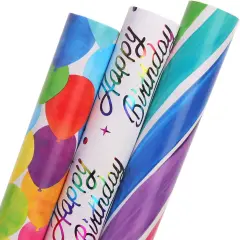 Birthday Wrapping Paper 3 Rolls Colorful Balloon Stripe and Iridescent Happy Birthday Wrapping Paper