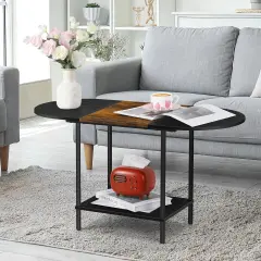 2-Tier Oval Coffee Table with Storage &ndash; Farmhouse Black Center Table for Living Room, Home Office, RV, Small Spaces (35.4&rdquo;x15.7&rdquo;x14.1&rdquo;)