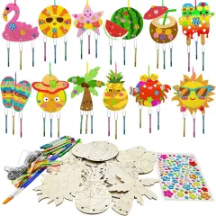 12 Pack Summer Beach Activities for Kids，Paint Pool Party Favors Pineapple Flamingo Craft Wind Chime Kit Wooden Paint Arts DIY Coloring Craft for Summer Luau Hawaii Party Art Activity Supplies