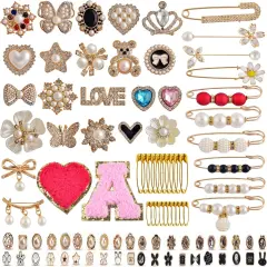 Charms for Socks Safety Pin Brooch,100pcs Junk Sock Charms Pins Gold Bling Sock Jewelry Charms,Brooch Pins for Socks,Pearl Rhinestone Brooch Pins Costom Shoe Sock Charms Kit Bulk for Hat Clothes