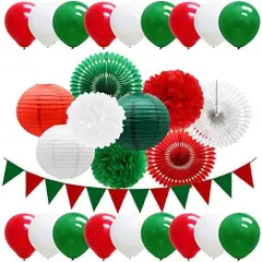 Red Green White Christmas Fiesta Brands Mexican Italian Party Decorations Paper Fans Lanterns Flower Pom Poms Felt Pennant Balloons for Graduations St. Patrick's Day Birthday Baby Shower