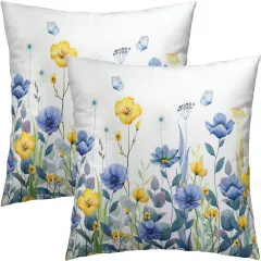 Blue Yellow Flowers Pillow Covers 18x18 Inch Set of 2, Poppy Floral Square Cushion Covers Spring Summer Seasonal Decor Pillowcase for Living Room Sofa Bedroom