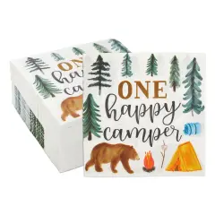 Camping Napkins for 1st Birthday Party Supplies, One Happy Camper (6.5 In, 100 Pack) Blue