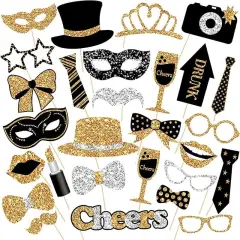 30 Pieces Black Golden Photo Booth Props for Birthday Wedding New Year Party,Mix of Hats, Mask, Lipstick, Tie, Crowns and More Funny Selfie Props
