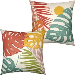Set of 2 Summer Tropical Leaves Throw Pillow Covers Palm Banana Leaf Pillow Covers 18x18 Abstract Sun and Monstera Leaf Cushion Case for Sofa Patio Indoor Outdoor Decor