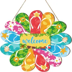 Summer Slippers Hanging Sign Flip Flop Shape Welcome Wooden Door Sign with Rope Rustic Wall Sign for Summer
