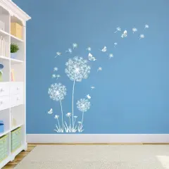 White Dandelion Art Stickers - Large Flower Butterfly Wall Decals for Bedroom and Living Room Decor