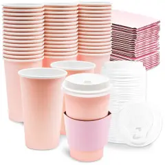16 oz Disposable Coffee Cups with Lids and Sleeves, Paper Insulated for Hot To Go Drinks (Blush Pink, 48 Pack)