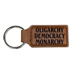 Keychain - Rectangle - Oligarchy Democracy Monarchy - Leather Black/Silver