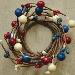 Americana Berries Candle Ring for Patriotic Decor Red Blue Ivory Twig Branch