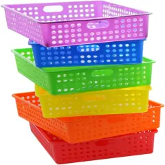 6 Pack Colorful Plastic Classroom Storage Bins 13.75" X 10.25" for Organizing A4 Papers Trays, Pencils, Arts and Crafts Supplies, Rainbow Containers for Kids School Supplies by 4E's Novelty