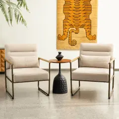 33.25"H Mid-Century Modern Beige Fabric Accent Arm Chair with Metal Frame Set of 2-Beige