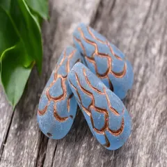 *6* 25x12mm Copper Washed Matte Transparent Capri Blue Mermaid Scale Large Drop Beads