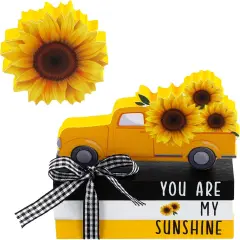 5 Pieces Farmhouse Tiered Tray Decor Items Rustic Wooden Mini Truck Bundle Books Stack Sign for Summer Spring Home Harvest Table Shelf Decorations(Sunflower Style)