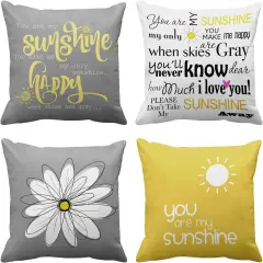 Set of 4 Throw Pillow Covers You are My Sunshine Yellow Gray with Words Decorative Pillow Cases Home Decor Square 18x18 Inches Pillowcases