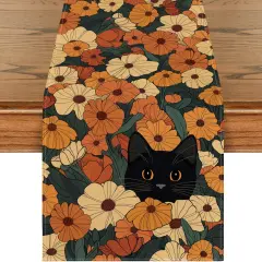 Black Cat Sunflower Daisy Spring Table Runner, Seasonal Summer Kitchen Dining Table Decoration for Home Party Decor 13x48 Inch