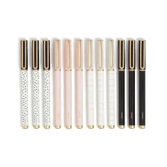 Felt Tip Pens, Set of 12, Stripes and Dots with Gold Details, Medium (0.7 mm) Point, Black Ink