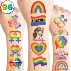 96PCS Happy Pride Month LGBT Rainbow Flag Pre-Cut Fake Tattoo Stickers, School Rewards & Gifts Boys & Girls