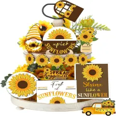 12 Pcs Sunflower Tiered Tray Decor Set Summer Kitchen Decor Tiered Tray Rustic Farmhouse Tier Tray Decor Items Sunflower Gnome Wooden Signs for Sunflower Party Decor Summer Home Decoration
