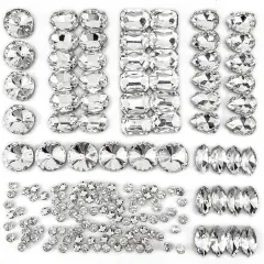 160PCS Glass Sew on Rhinestones, Flactback Sew On Claw Crystals for Crafts Costume Clothes Jewelry (Crystal Clear/White, Mixed Shapes)