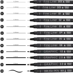 Micro Fineliner Pens, Black Drawing Art Pens,12 Archival Pen Waterproof Ink Set Artist Supplies Archival Inking Markers Sketch Outline Pen, Precision Drawing and Sketching Kit