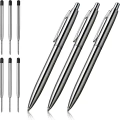 3 Pcs Retractable Metal Ballpoint Pens, for Gift, Business, Office, 1.0mm Medium Point Black Ink, 6 Extras Replaceable Metal Refills - Stainess Steel