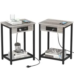 Set of 2 End Tables with Charging Station - Adjustable Nightstand, Sturdy Steel Frame & Water-Resistant Top for Bedroom, Living Room, Sofa