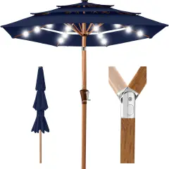 Best Choice Products Woodgrain Pattern 10ft 3-Tier Solar Patio Umbrella w/ 24 LED Lights, Tilt Navy Blue