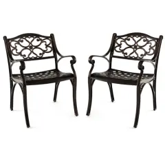 Cast Aluminum Dining Chairs Set Of 2 With Patio Chairs Armrests Flower Pattern-Bronze