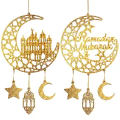 2 Pieces Eid Mubarak Door Sign Wooden Hanging Signs, Ramadan Kareem Hollow Ornament Decorations Moon and Stars, Moon Shape Ramadan Mubarak Party Wood Wall Hanger for Islamic Muslim Home Decor