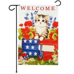 G128 Welcome Kitten Patriotic Garden Flag 12x18 In Double Sided Independence Day Yard Garden Lawn Decoration
