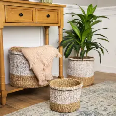 Northlight Round Wicker Table and Floor Baskets - Beige and White - Set of 3