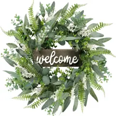 Green Artificial Eucalyptus Wreath with Welcome Sign 20in Mixed White Berries Spring Summer Wreath for Front Door Wall Window Farmhouse Festival Porch Patio Garden Decor