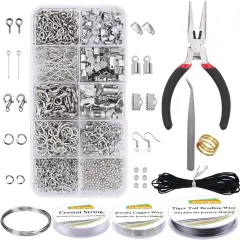Jewelry Making Kit with Pliers, Wires, Jump Rings, Clasps, Cord and More - Silver