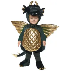 Green Dragon Toddler Costume with Plush Wings and Golden Accents