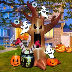 Outdoor Spooky Halloween Tree with Blow up Ghosts, Eyeballs, Pumpkins