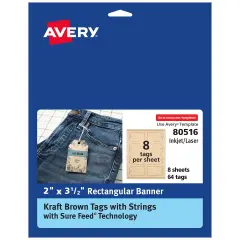 Avery Kraft Brown Banner Tags with Sure Feed Technology, 2" x 3.5", Laser/Inkjet, 64 Printable Tags with Strings Included, Also Great for Gift Tags and Favor Tags (80516)