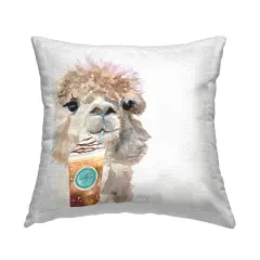 Alpaca Sipping Latte Design by Jennifer Redstreake Outdoor Printed Pillow 