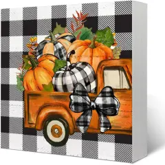 Pumpkins Buffalo Plaid Bowknot Truck Fall Table Decor