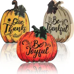 3 Pieces Thanksgiving Fall Pumpkin Wood Sign Tabletop Decor