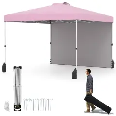 10 X 10 FT Pop up Canopy Tent with 1 Sidewall and Wheeled Bag Pink