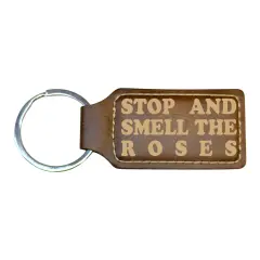 Keychain - Rectangle - Stop and smell the roses - Leather Rustic/Gold