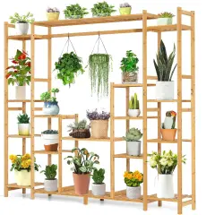 Sturdy Multi-Tier Natural Bamboo Plant Stand with Hanging Rack