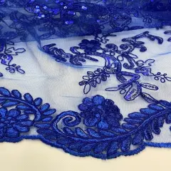 1 Yard Royal Blue Sequin Lace Fabric, Corded Mesh Embroidered with Double Scalloped Edge 54&Prime; Wide