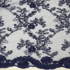 1 Yard Navy Blue Corded Sequin Lace Mesh Fabric with Double Scalloped Edge 54&rdquo; Wide