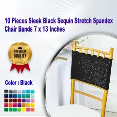 10 Pieces Sleek Black Sequin Stretch Spandex Chair Bands 7 x 13 Inches